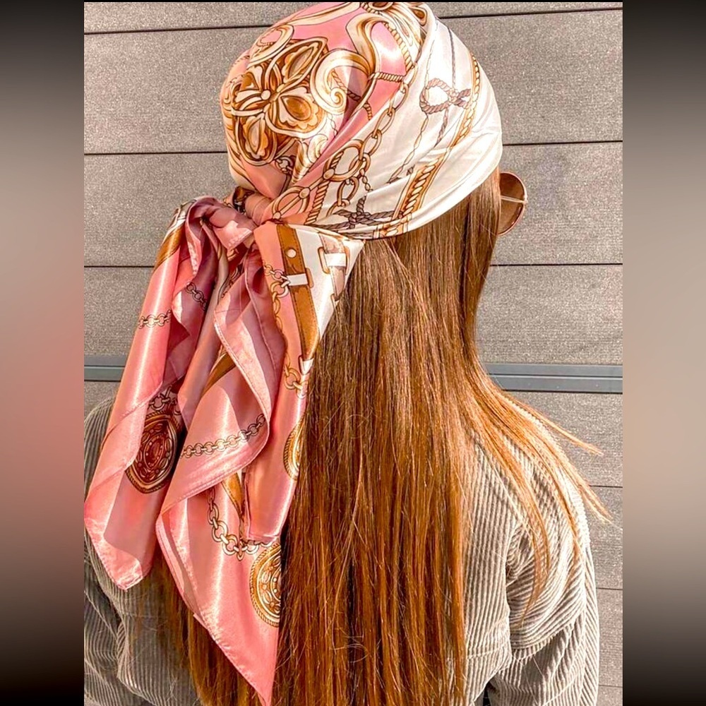 Satin Pink And Gold Square Scarf Multi Use NWT